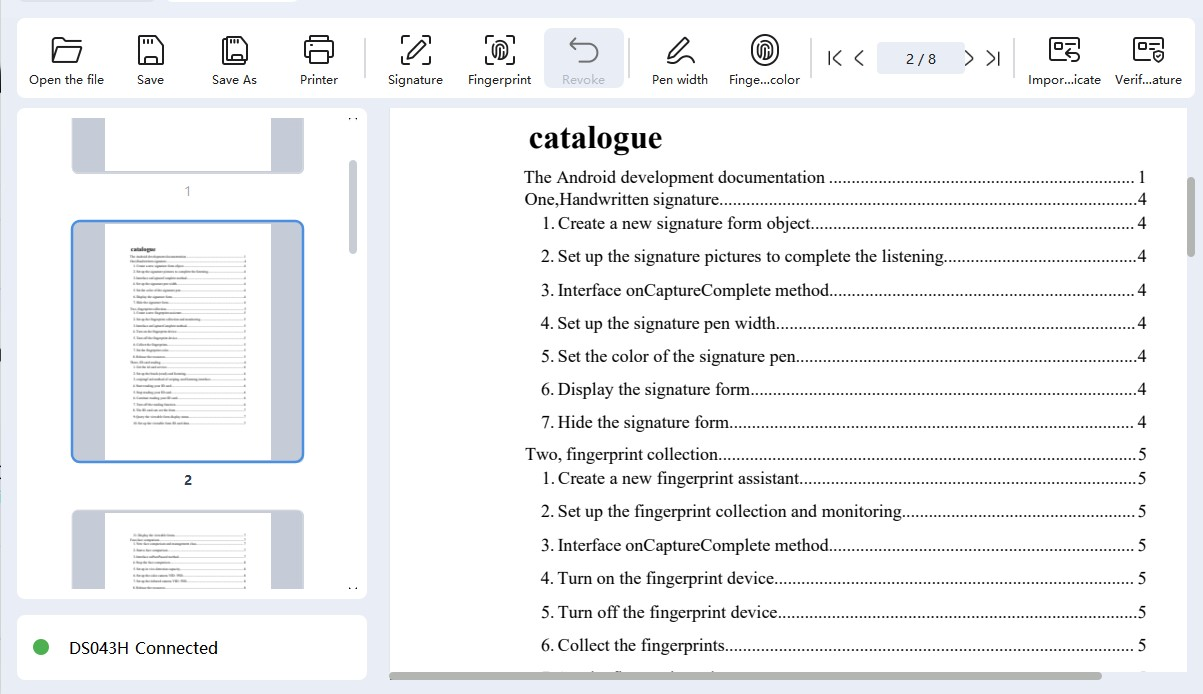 Updated DeepSign document signing interface with signature, fingerprint, certificate verification, and page navigation tools