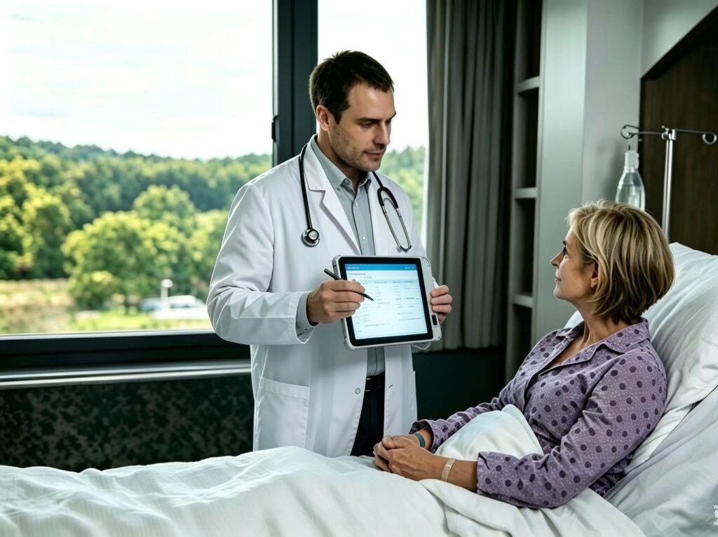 Patient and doctor using signature tablet during medical consultation