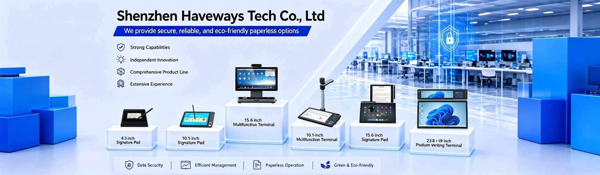 Haveways DeepSign series digital signature tablets banner, paperless e-signing devices for bank, government and enterprise